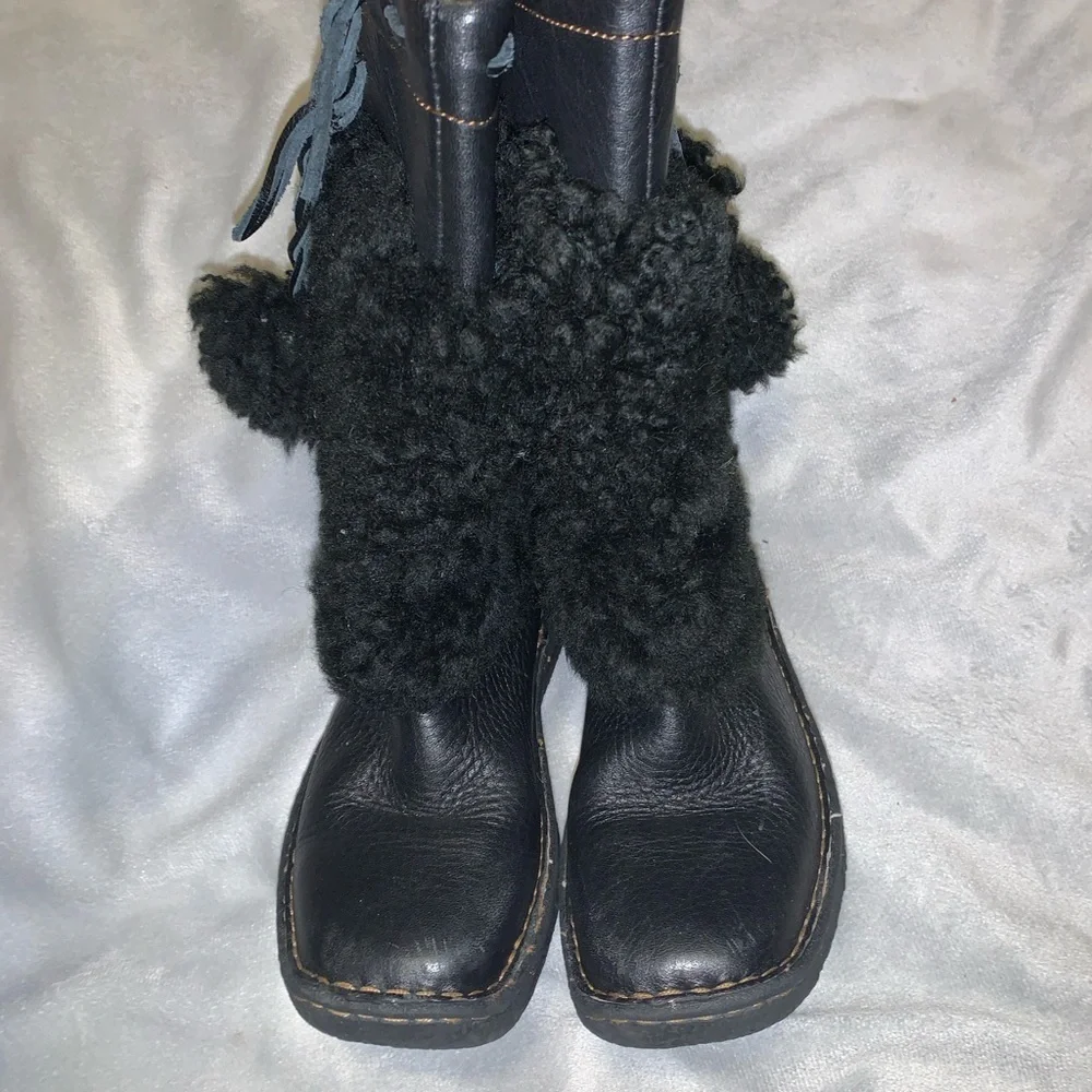 Born leather Cozy Black shearling tall Boots with Pom Poms size 13
